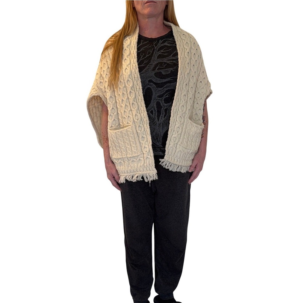 Carraig Donn Merino Wool Cable Knit Shawl Cape Cardigan One Size Made in Ireland